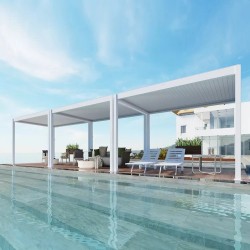 Cenador modular blanco con persianas 6m x 4m x 2.5 m Louvre Pergola LED-independiente, automático, lamas giratorias Cenador modular blanco con persianas 6m x 4m x 2.5 m Louvre Pergola LED-independiente, automático, lamas giratorias