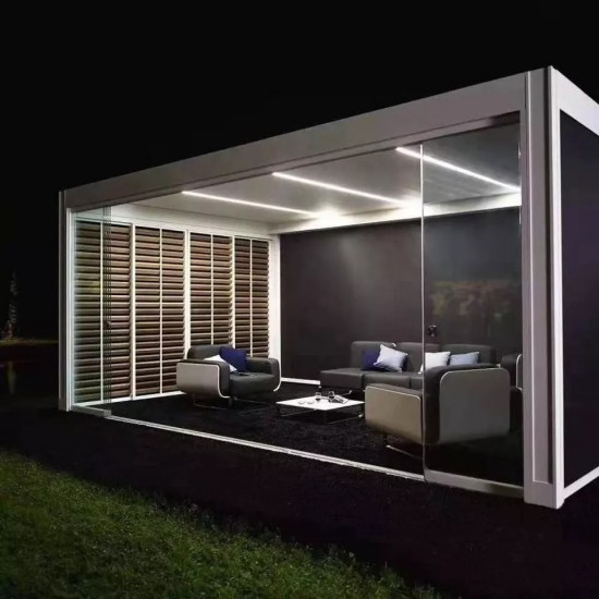 Pida Veranda con persianas correderas, patio, pérgola 4m x 3M x 2.5 m Pergola Louvre LED-independiente, automático, blanco a precios de fábrica