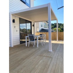 Pergola à ciel ouvert et stores de pluie et soleil 4m x 4m x 2.5m Louvre Pergola Pergola LED - autoportante motorisée (blanche)