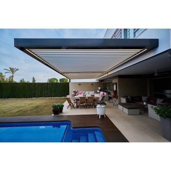 Pida Pérgola de ángulo abierto, protección contra la lluvia y el sol 8m x 3M Pergola LED-motorizado (Negro) a precios de fábrica