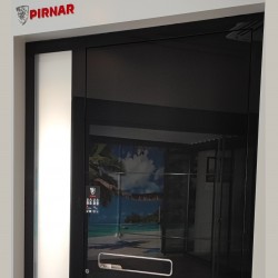 Pirnar porte d'entrée en aluminium 1500x2400mm avec inserts en verre et miroir, ouverture par empreinte digitale
