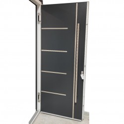 Aluminum grey door with a box, with metal inserts, white inside Aluminum grey door with a box, with metal inserts, white inside