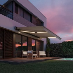 Auvent SmartSun complet avec moteur et plaque LED acrylique de 3x2 m de couleur gris pierre. Auvent pour terrasse, balcon, supports muraux inclus Auvent SmartSun complet avec moteur et plaque LED acrylique de 3x2 m de couleur gris pierre. Auvent pour terrasse, balcon, supports muraux inclus