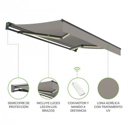 Auvent SmartSun complet avec moteur et plaque LED acrylique de 3x2 m de couleur gris pierre. Auvent pour terrasse, balcon, supports muraux inclus Auvent SmartSun complet avec moteur et plaque LED acrylique de 3x2 m de couleur gris pierre. Auvent pour terrasse, balcon, supports muraux inclus